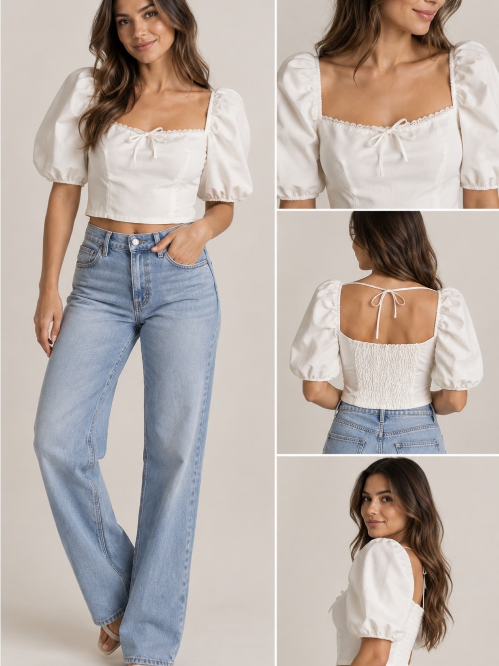 Emerson Lang White linen blend Puff Sleeve Smocked Front Women's Top size s